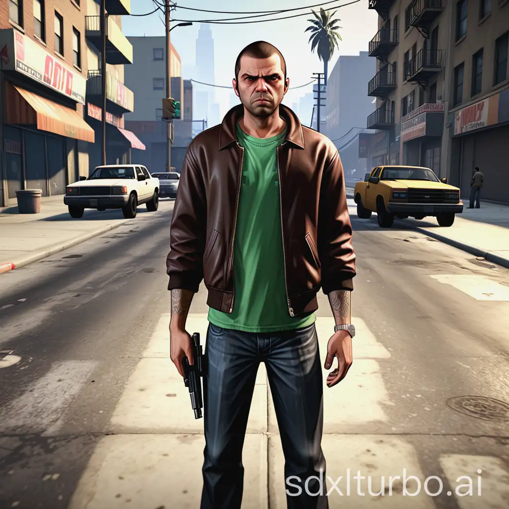 a man standing in the streets, theme a gameplay photo of a grand theft auto video game