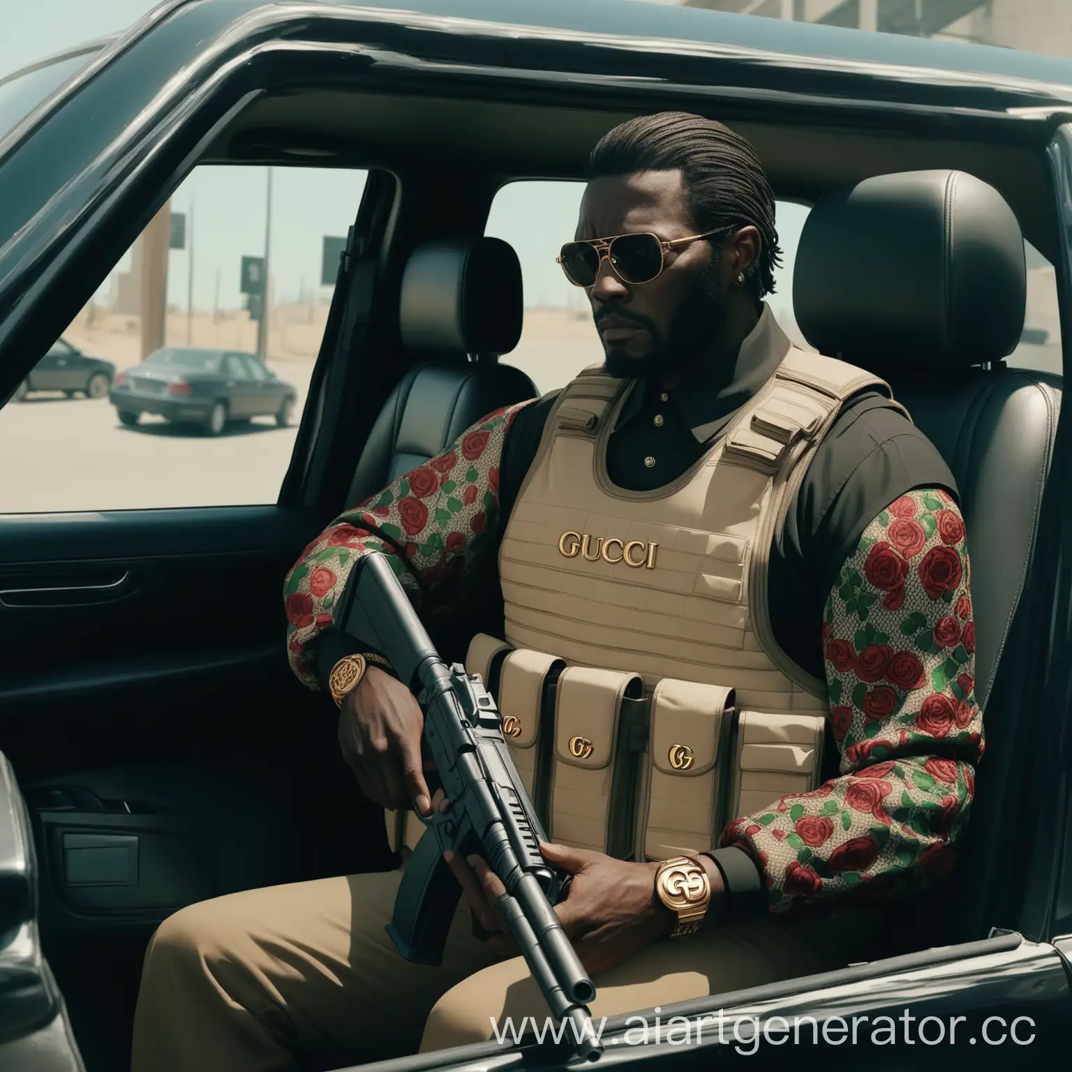 Man-in-Gucci-Bulletproof-Vest-with-Gun-Sitting-in-Car