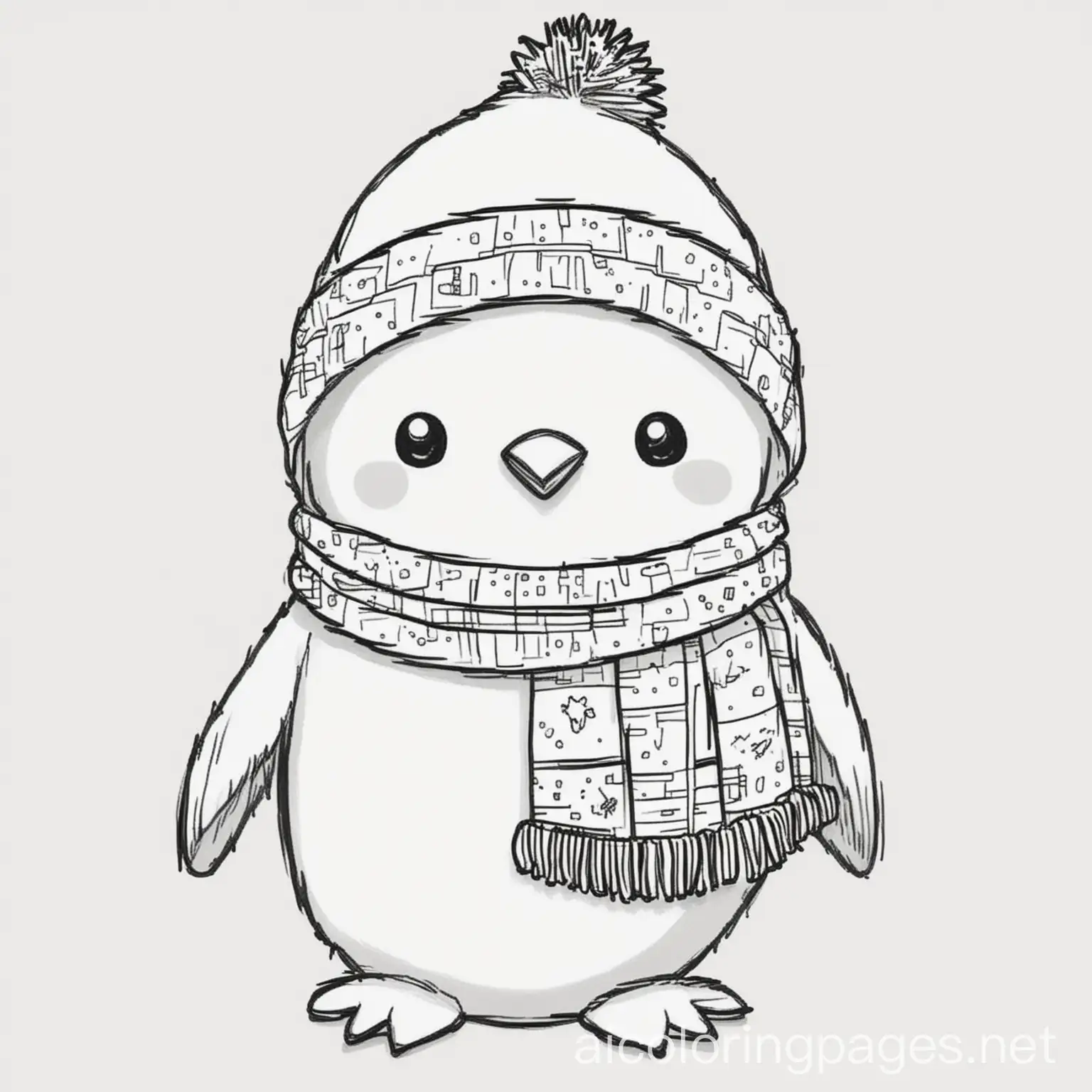 Penguin-Coloring-Page-with-Stocking-Cap-and-Scarf-Black-and-White-Line-Art