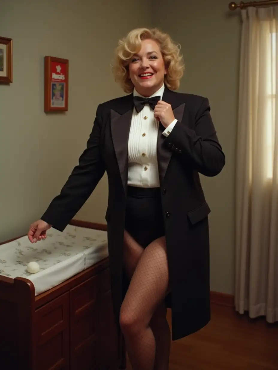 MiddleAged-Woman-in-Formal-Orchestra-Tuxedo-with-Huggies-Diapers-in-Nursery