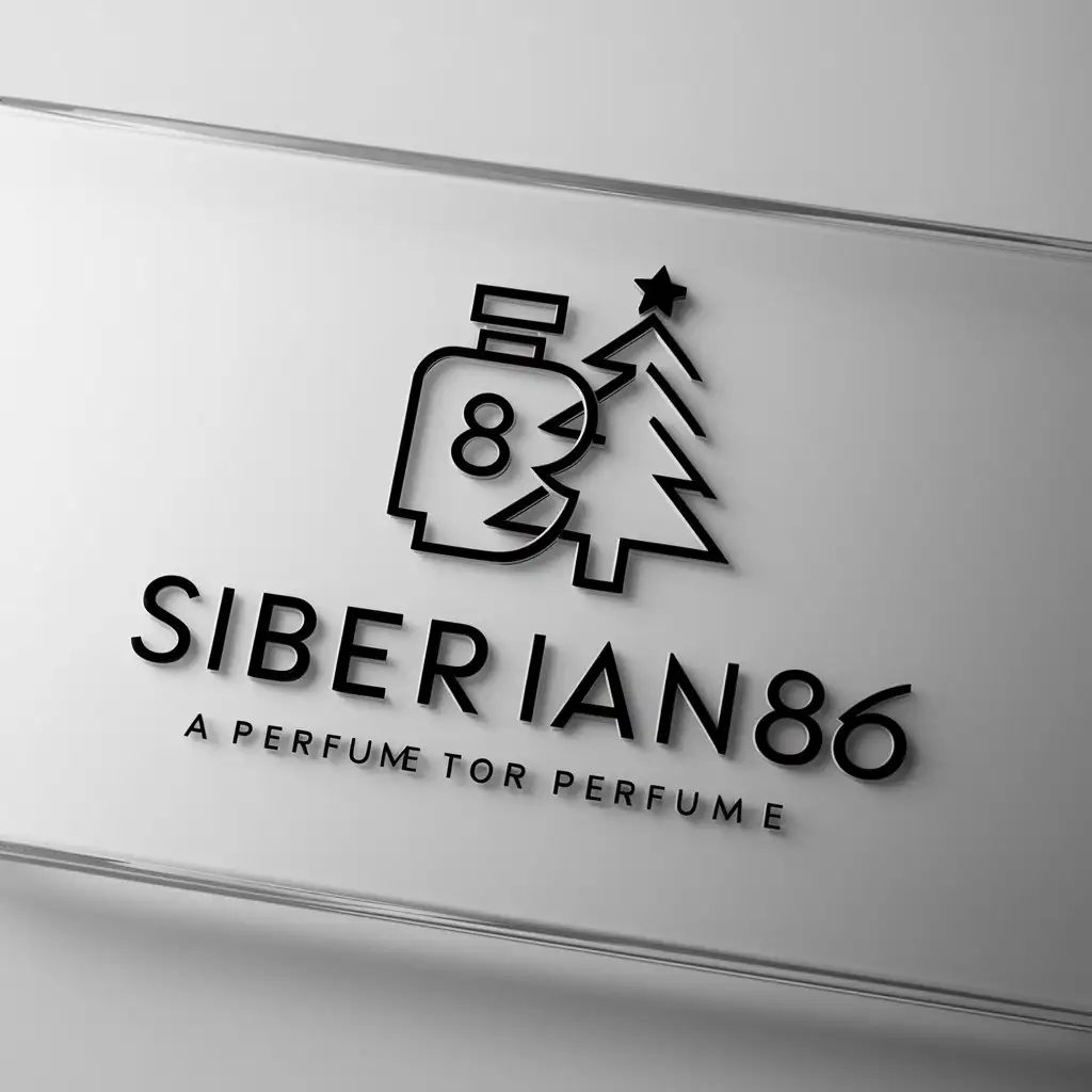 a logo design,with the text "Siberian86", main symbol:Perfume bottle and Christmas tree,Minimalistic,be used in Perfume industry,clear background