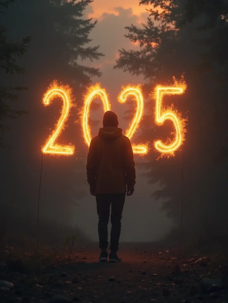 A person in a front and his behind write a 2025 and in front side write new journey and in a glowing effects