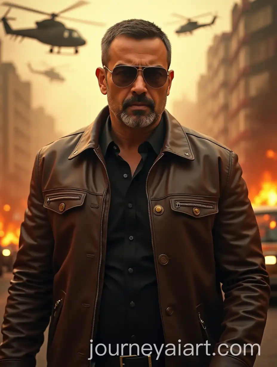 Intense-South-Asian-Man-in-Dark-LeatherAI-Image-Prompt-Expansion-Jacket-Amidst-Fiery-Cityscape