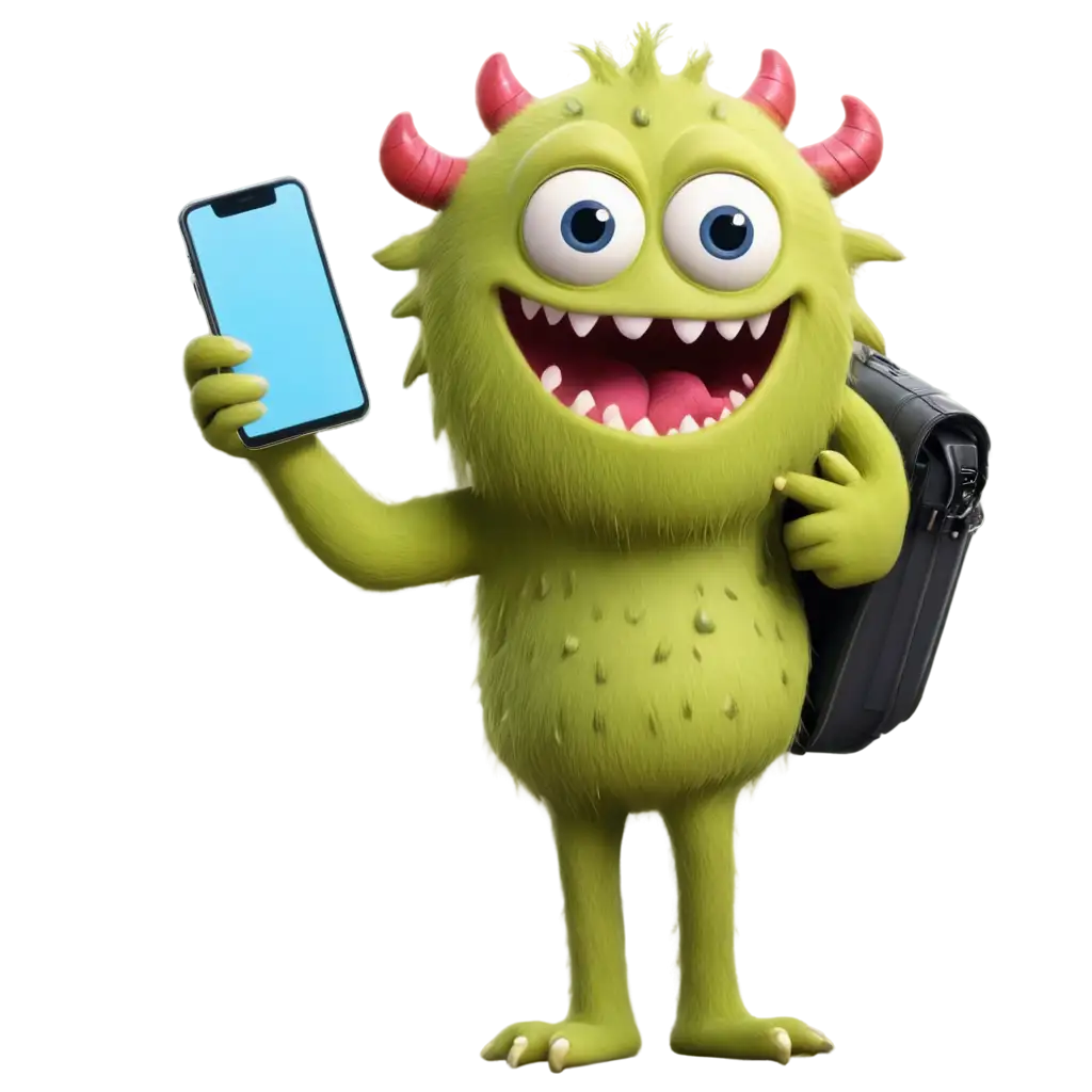 Happy-Monster-Holding-Mobile-Phone-PNG-Image-Joyful-Creature-Communicating-in-High-Quality