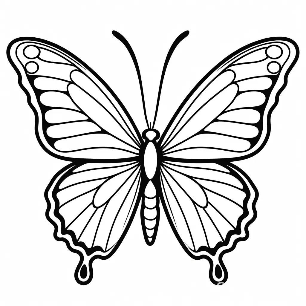 Cartoon butterfly, Coloring Page, black and white, line art, white background, Simplicity, Ample White Space. The background of the coloring page is plain white to make it easy for young children to color within the lines. The outlines of all the subjects are easy to distinguish, making it simple for kids to color without too much difficulty