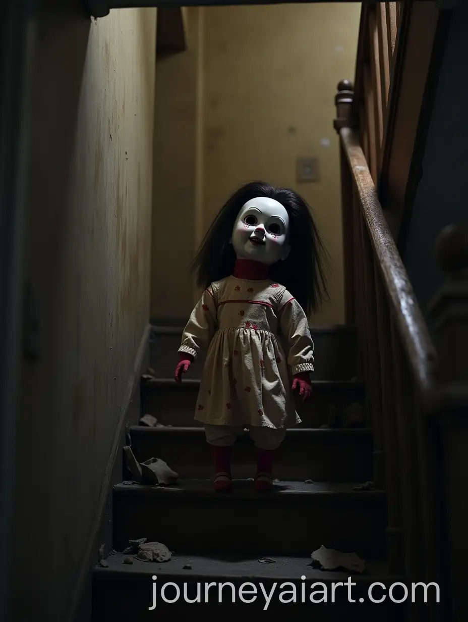 Scary-Japanese-Doll-on-Stairs-in-Abandoned-House