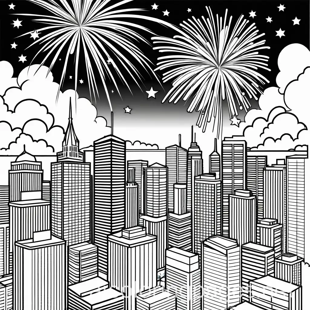 Coloring-Page-of-Fireworks-Over-a-Cityscape-at-Night