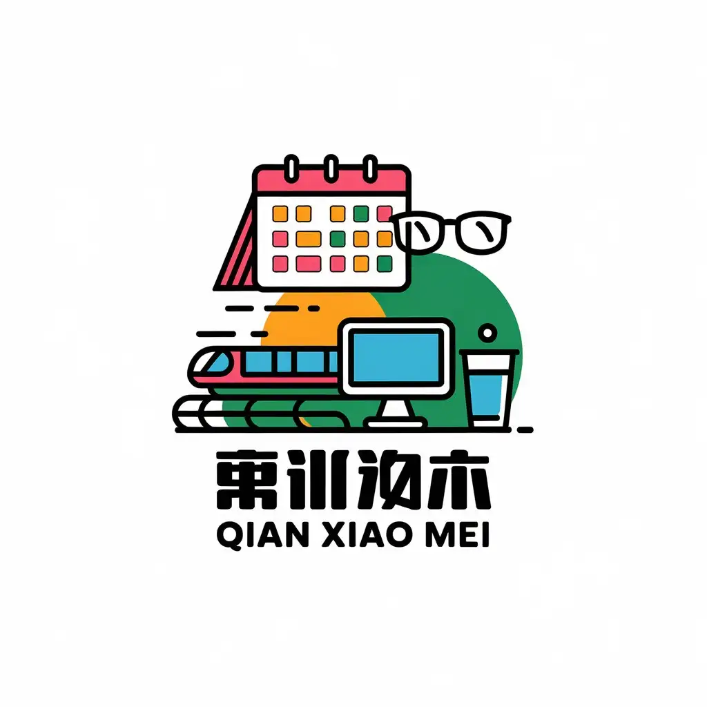 LOGO-Design-for-Qian-Xiao-Mei-Educational-Emblem-with-HighSpeed-Rail-Calendar-and-Computer-Glasses