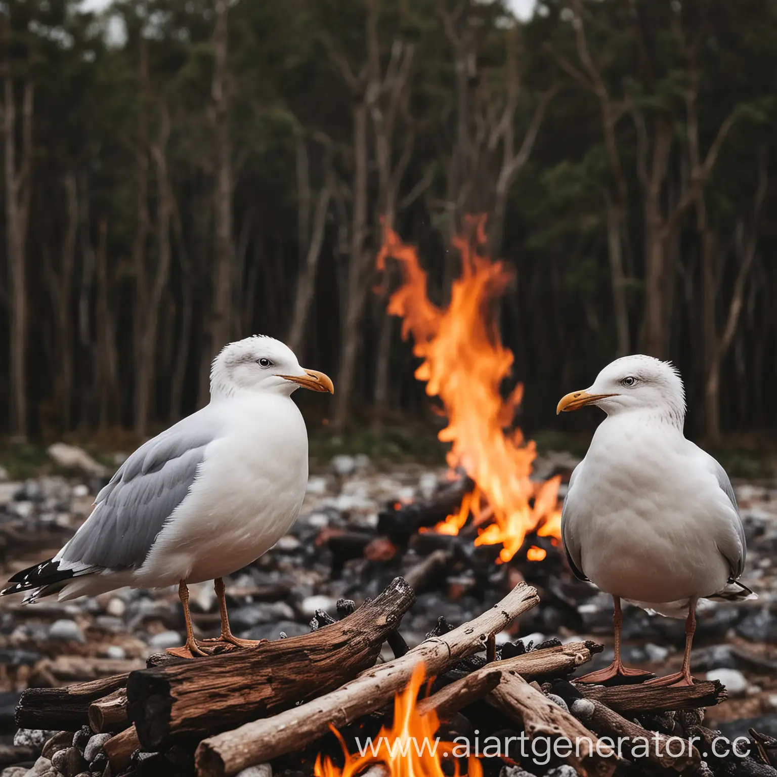 Two-Seagulls-Perched-Near-a-Campfire