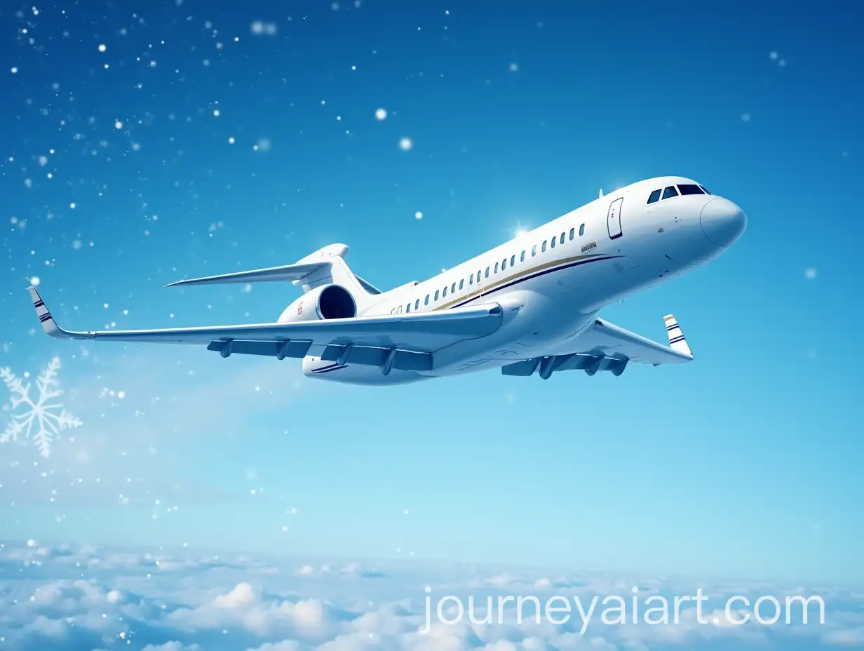 Christmas-Air-Private-Jet-in-Blue-Winter-Sky-with-Snowflakes