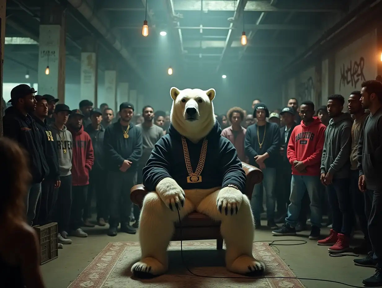 A cinematic scene of a rap battle in an old, gritty warehouse. In the center, a massive polar bear sits confidently on a worn-out chair, holding the mic like a seasoned rapper. The bear is dressed in a gangster style, wearing a large gold chain and a black hoodie, looking tough and ready to spit bars. The warehouse around him is dimly lit, with scattered crates, industrial lights hanging from the ceiling, and graffiti-covered walls. A crowd of diverse people, dressed in streetwear, surrounds the polar bear, cheering and vibing with the intense battle. The atmosphere is tense, with spotlights shining down on the bear while others stand in the shadows, eagerly waiting for the next move. The scene captures the raw energy of an underground rap battle, with the polar bear’s commanding presence at the center of it all.