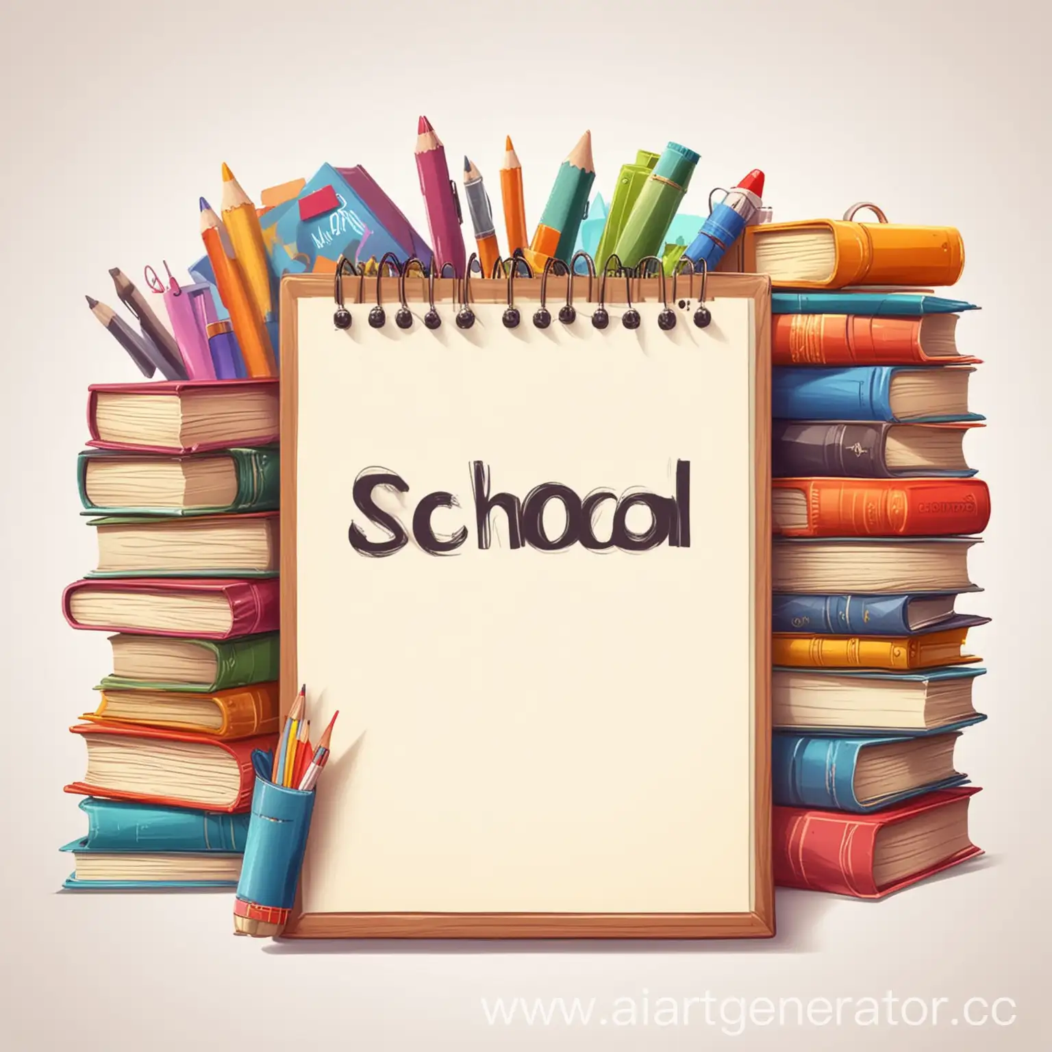 Cartoon-Style-School-Sign-with-Books-and-Stationery-on-White-Background