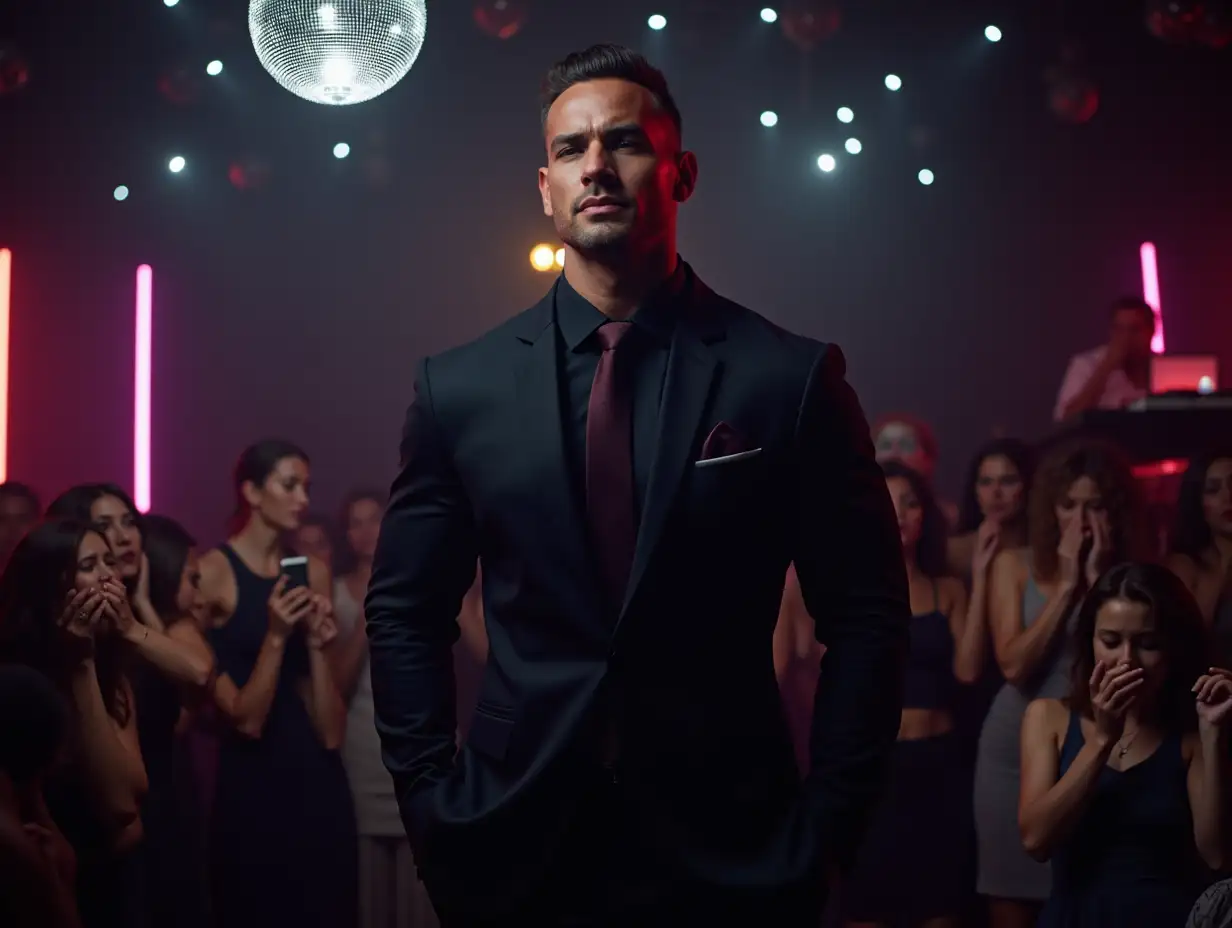 Handsome-Bodybuilder-in-Black-Suit-on-Disco-Podium-with-Sobbing-Women-and-Neon-Lights