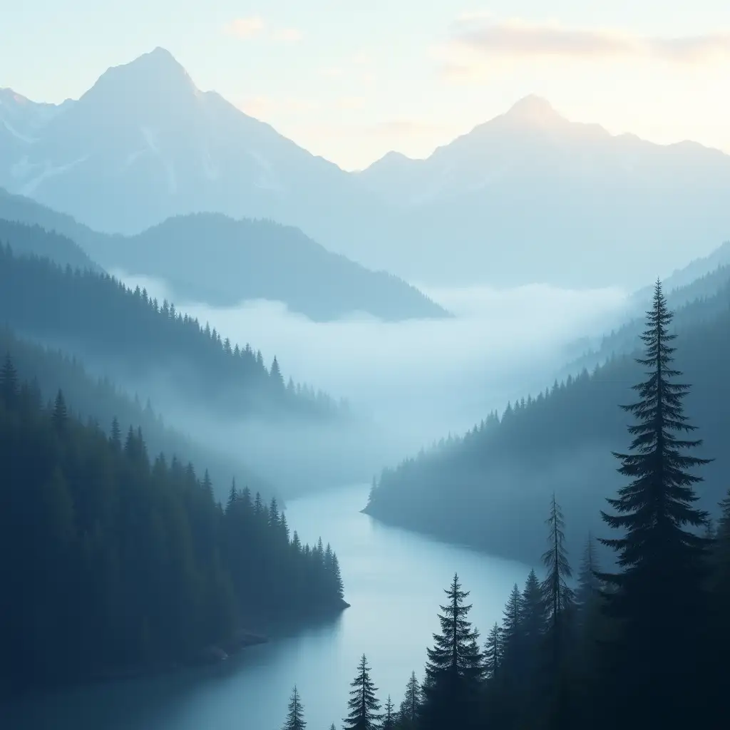 MistCovered-Mountain-Range-at-Dawn-with-Evergreen-Trees-and-River