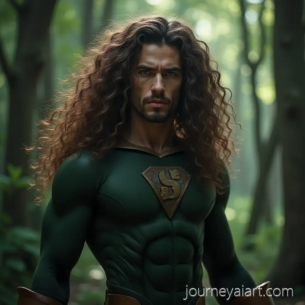 Angry-Superhero-with-Long-Curls-Searching-for-a-Creature-in-a-Forest