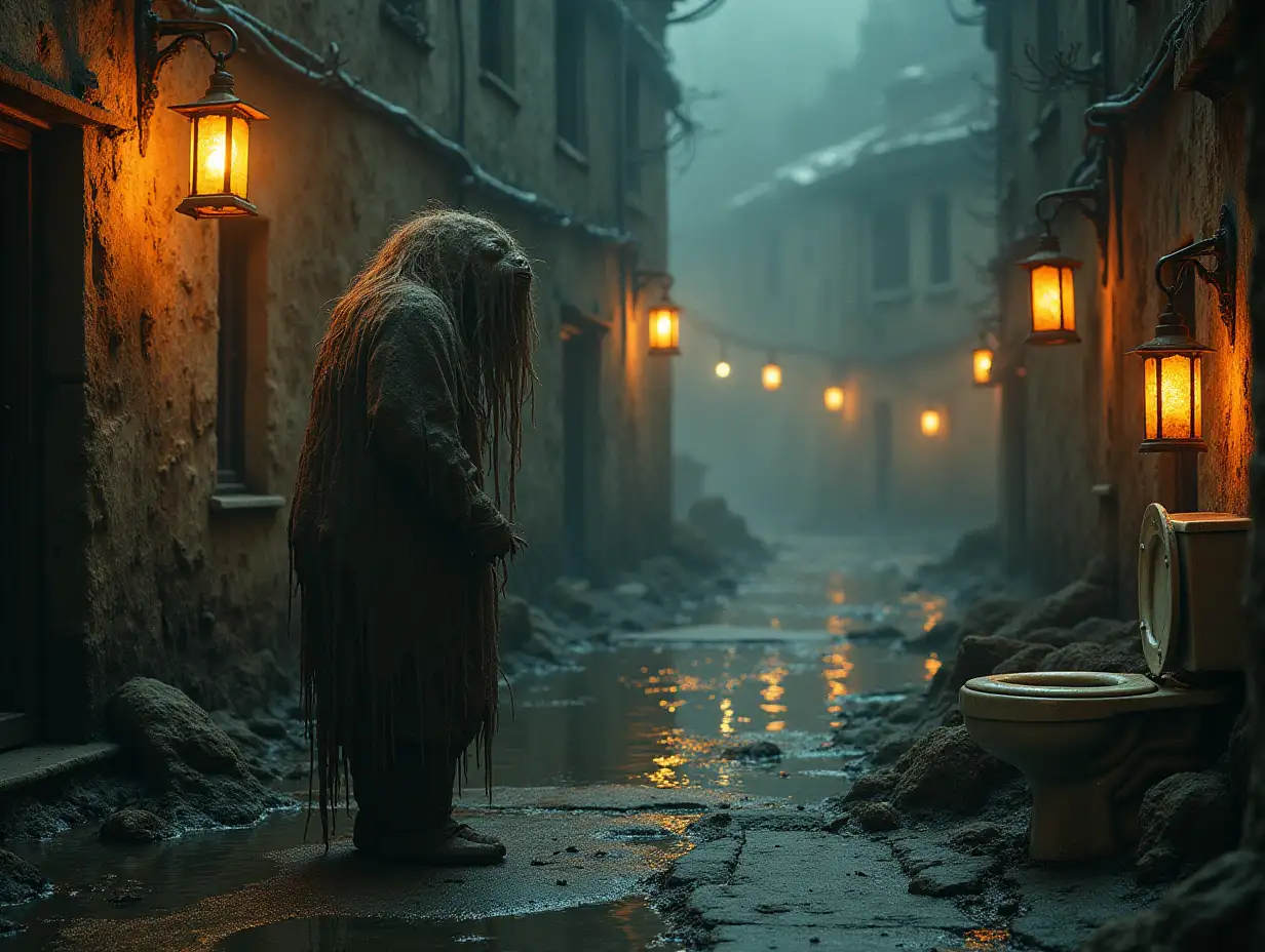 Creating a digital photo of an Oga with slimehair, that goes into a building with brown soup worms and illuminated toilet with rust from iron and a river with floating paint fog and rusty lanterns and strange eerie creatures