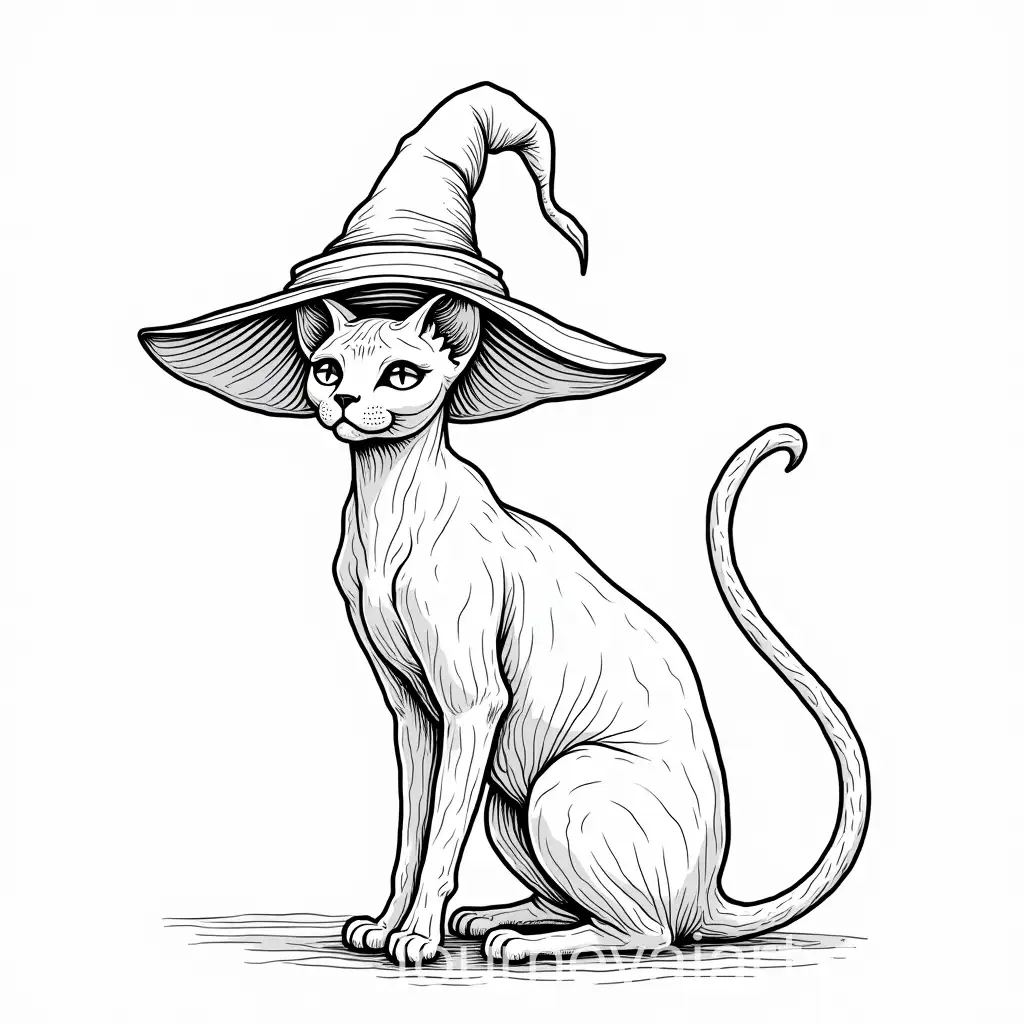 Art-Nouveau-Sphynx-Cat-Wearing-Witchs-Hat-Coloring-Page