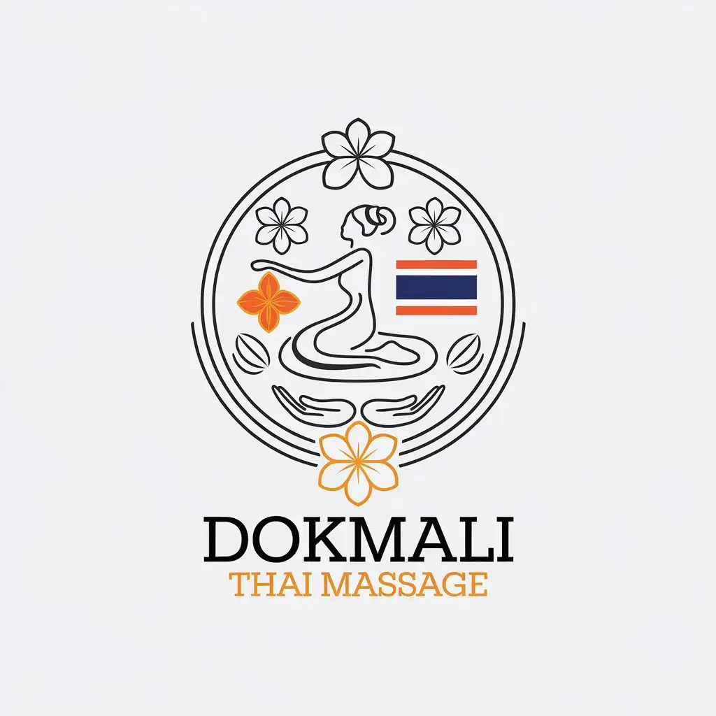 LOGO Design for Dokmali Thai Massage Black and Orange with Jasmine Woman Massaging and Thai Flag Theme