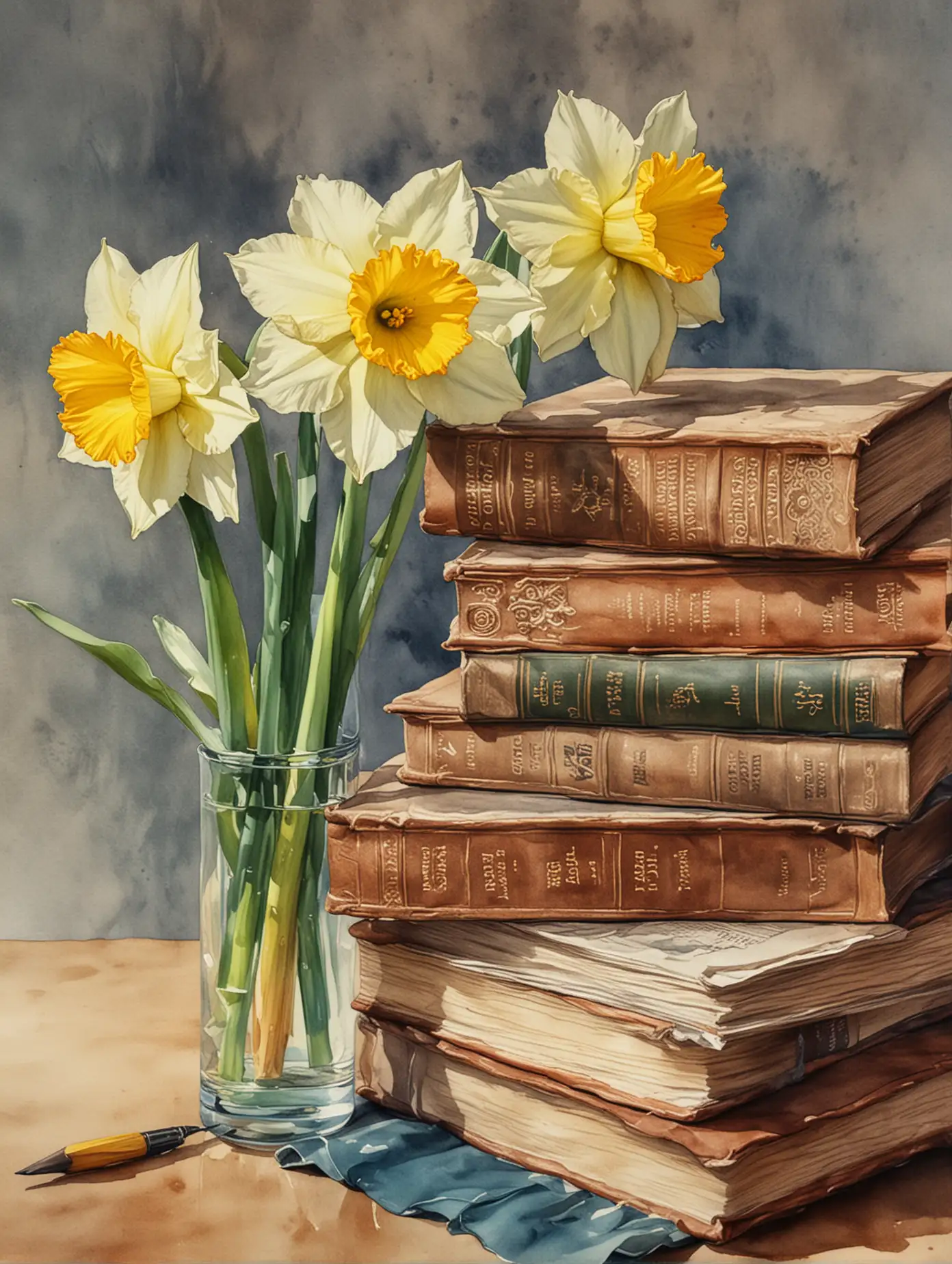 narcissus with books, watercolor drawing, detailed depiction