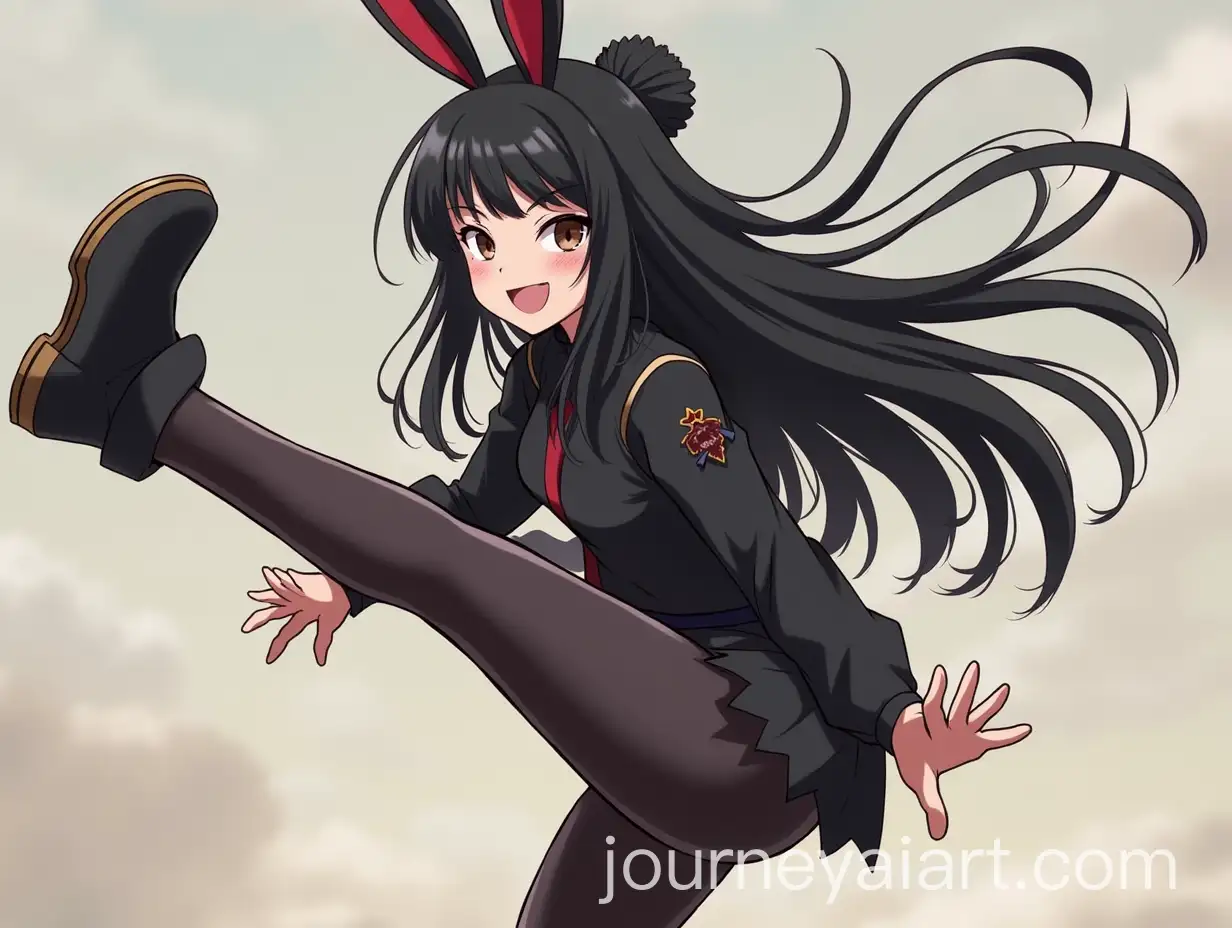 Epic-Anime-Girl-in-Black-Fighting-Pose-with-Kick-and-Knot-Accessory