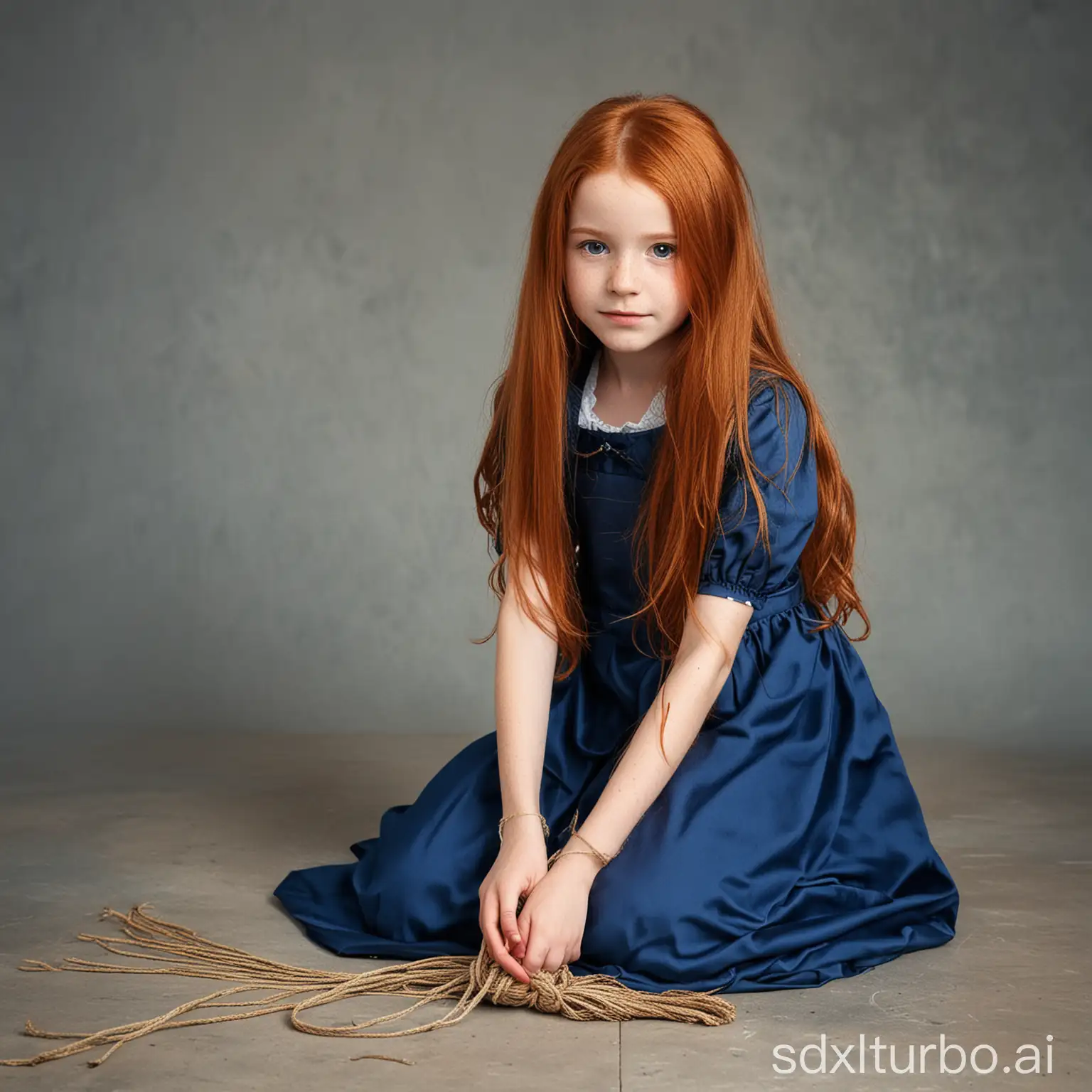 young girl 9 years old, long red hair, blue dress, kneeling, hands tied