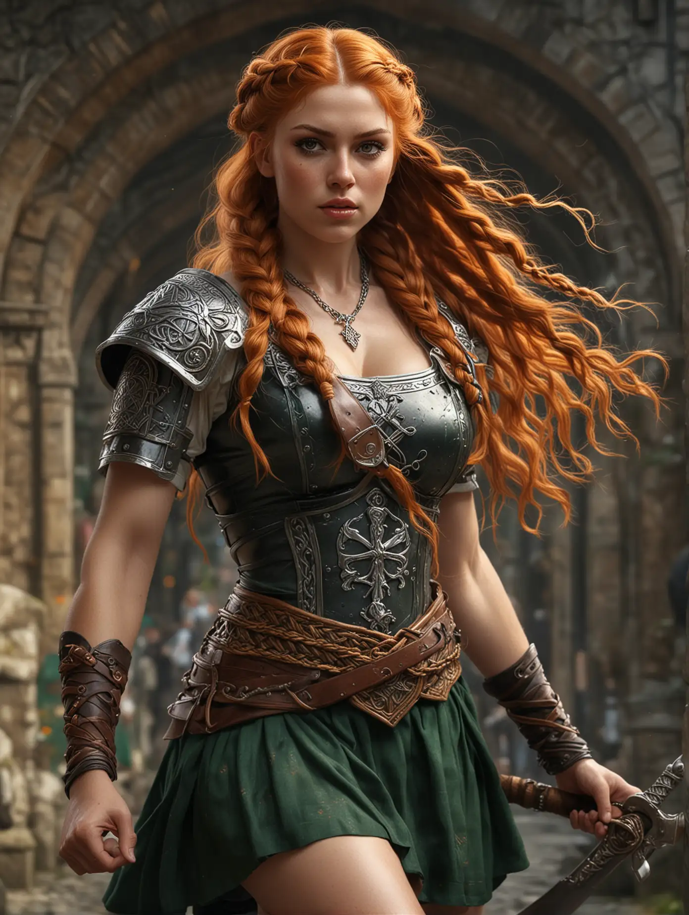 Full body captured, Hyperrealism style quality, digital drawing mode, Irish history-themed, beauty Lena Paul with long fiery oranje hair with Celtic braids, intense emerald eyes, wearing traditional Irish warrior garb and flowing mini skirt, holding a sword and shield, Blur the background to create a three-dimensional effect, atmosphere, standing in historic Ireland leading a rebellion, radiant skin, flowing hair, glossy lips, fierce eyes, full body view, dynamic pose, life size, perfect anatomy, full HD, 4K, HDR, perfect anatomy