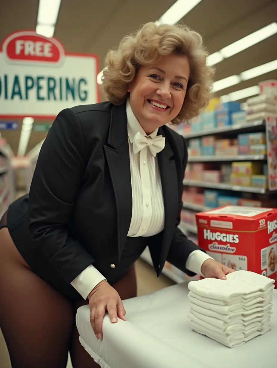 1980s-Huggies-Diaper-Product-Demonstration-in-Supermarket-with-Caucasian-Woman-in-Formal-Tuxedo