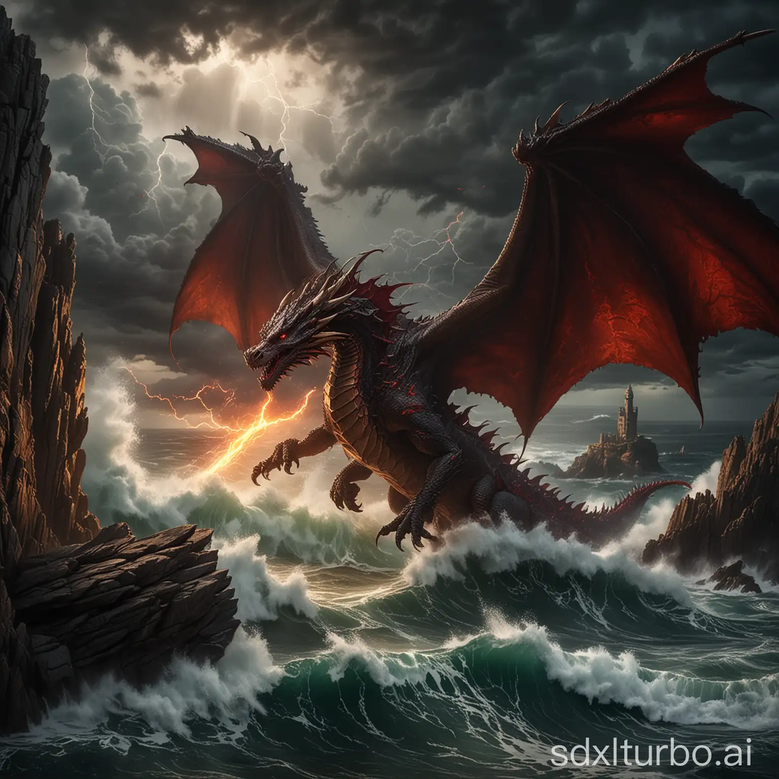 A colossal dragon soars majestically above stormy seas, its massive wings cutting through dark clouds. The dragon's scales shimmer with deep shades of red and gold, reflecting the ominous lightning that cracks the sky. The ocean below is tumultuous, with towering waves crashing violently against jagged rocks. The scene is bathed in a dramatic, moody atmosphere, with dark, rich tones and intricate details that capture the epic and ancient feel of the 'House of the Dragon' series.