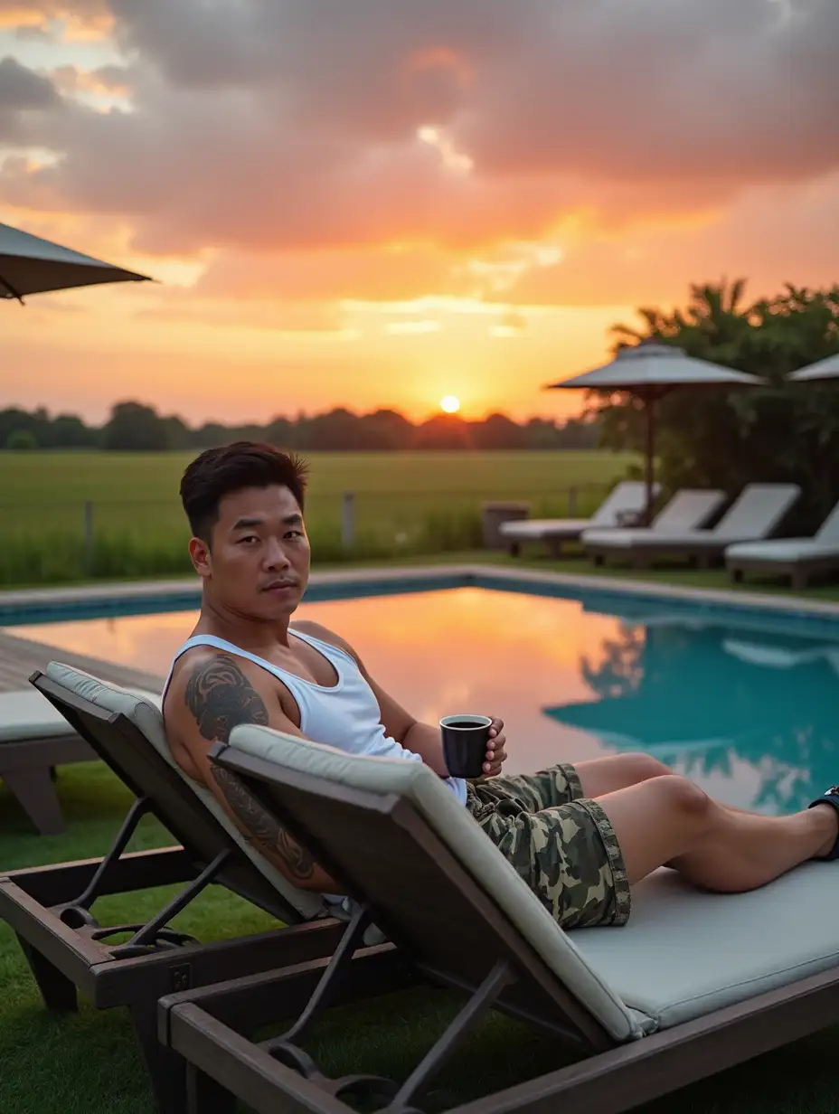 Korean-Man-Relaxing-by-Pool-with-Sunset-Background