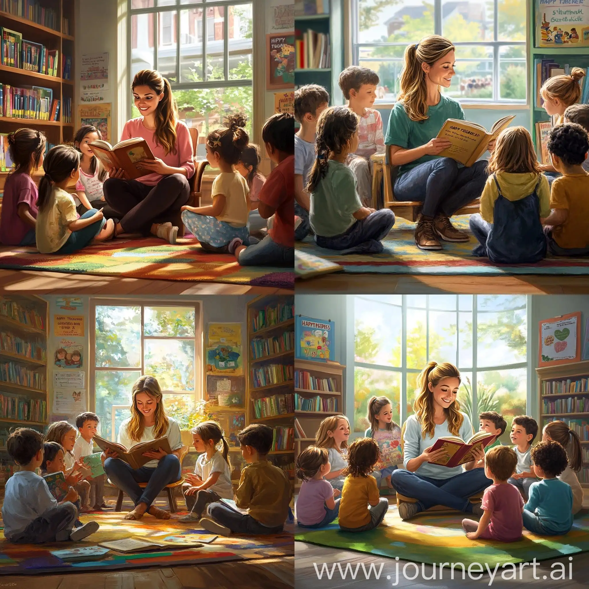 Teacher-Reading-Storybook-to-Children-in-Cozy-School-Library