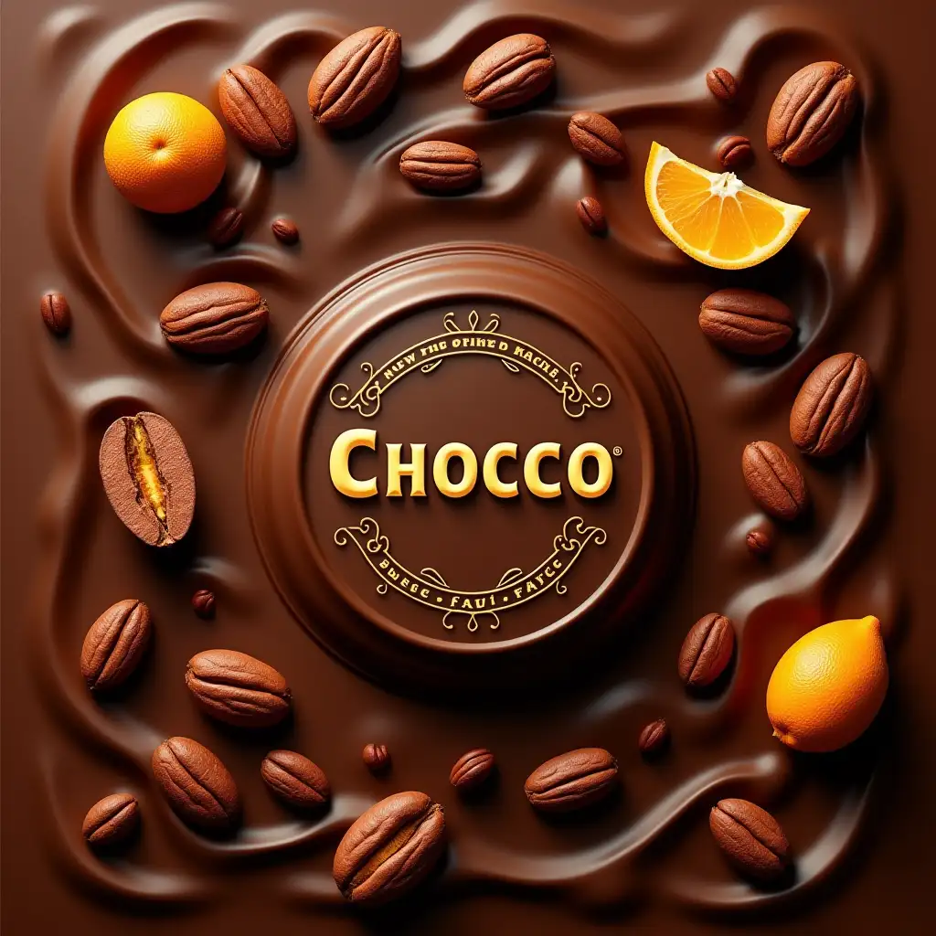 A rich, swirling backdrop of chocolate, with a prominent circular emblem in the center. This emblem features the word 'CHOCCO' in elegant gold lettering, surrounded by decorative elements and the slogan ‘Perfect Balance of Flavour’. Surrounding the emblem are various cocoa beans, some of which are whole and others split open, revealing their inner seed, orange slice, truffle candy. The beans are of different colors, including brown, reddish-brown, and a golden hue. The chocolate's texture appears smooth and luscious, with intricate patterns and waves that give it a tactile, almost liquid appearance.