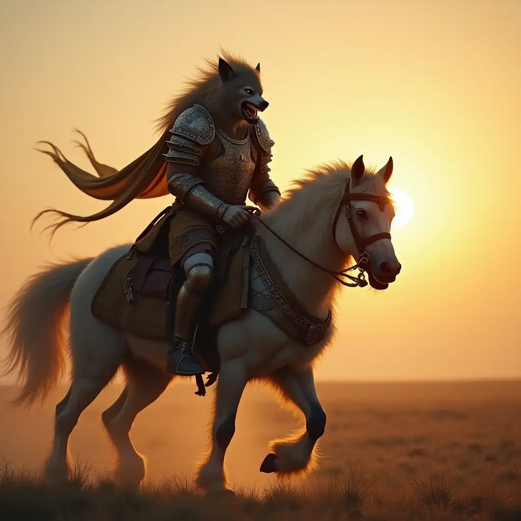 Create a highly detailed, photo-realistic image of a werewolf dressed in authentic 13th-century Mongol warrior attire, riding a majestic Mongolian horse across a vast, misty steppe at sunrise. The werewolf should be in mid-transformation, with visible claws, sharp teeth, and fur sprouting from its face and arms. The Mongol armor and clothing should be intricately designed and historically accurate. Incorporate warm, golden lighting and realistic textures throughout the scene.