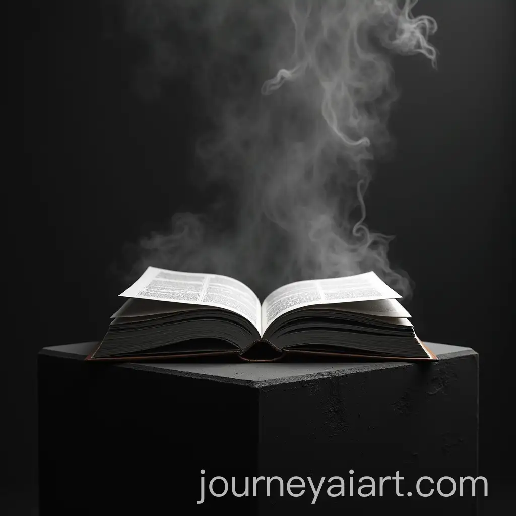 Photorealistic-Open-Book-on-Dark-Cube-with-Smoke-in-Moody-Atmosphere