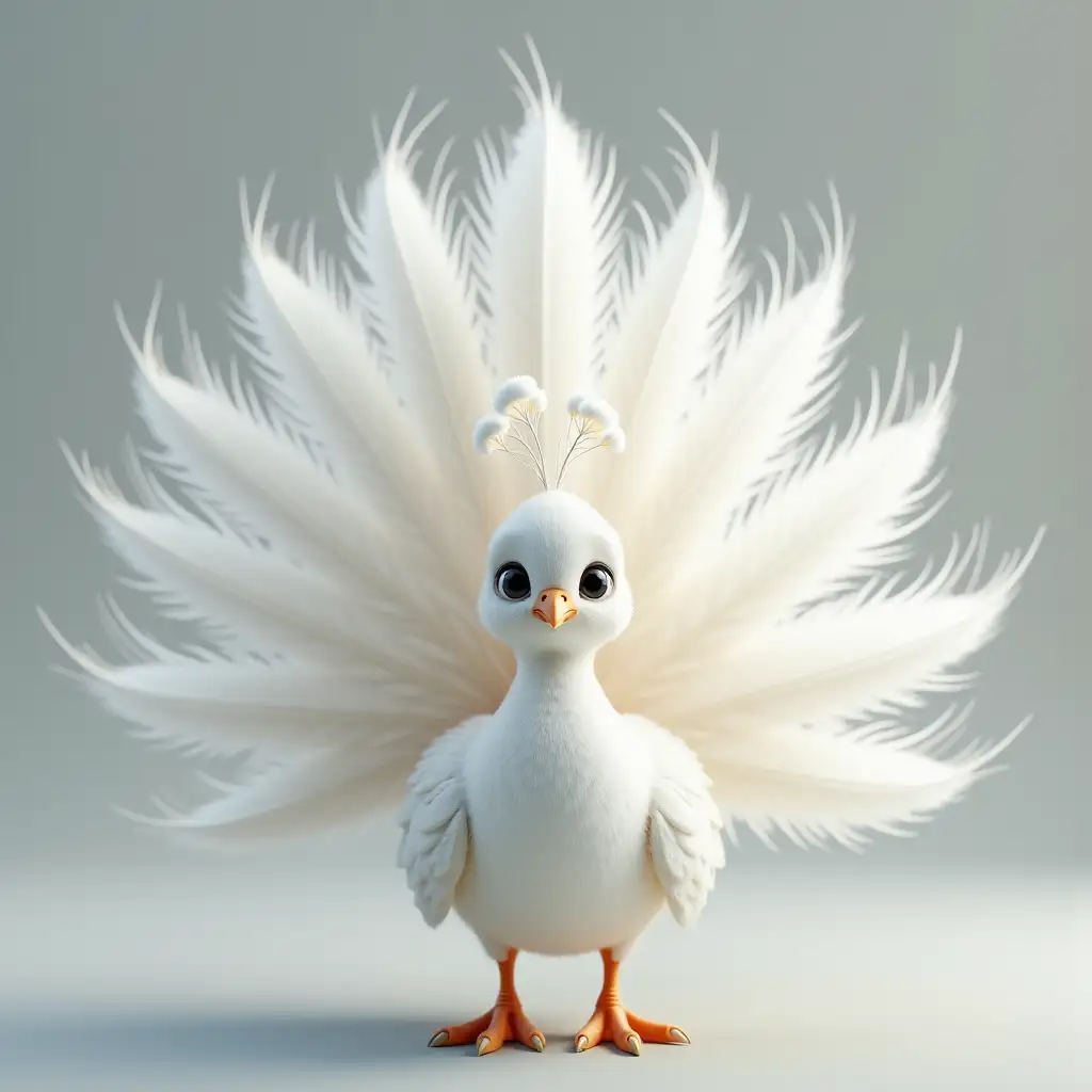 A lovely white peacock with its tail spread out, full body shot, petite body, well-proportioned head, black eyes, looking directly at the viewer. The peacock is snow-white with a flesh-colored beak and claws, facing the camera, looking at the viewer. The peacock has a soft texture, and the tail feathers have slightly translucent white details with transparent edges. The peacock's eyes are dark black with bright light effects, giving it a lovely feeling. The overall texture of the peacock is fluffy material, soft and layered. The tail feathers are slender, with delicate lines and translucent ends, and the overall appearance is light and agile. The body and claws are small and exquisite, and the shape is realistic. The peacock's tail feathers are beautifully designed and the colors are dreamy, in line with the cute and delicate aesthetic. Cinematic lighting, ethereal light and shadow, intricate details, very detailed, rich colors. Masterpiece, best quality, HDR, Ultra HD Unreal Engine, rich details, high quality, healing, charming, 8K, ultra-detailed, detailed decoration, delicate lines, incredible details, intricate details, crazy details and complexity, super extreme, very detailed.