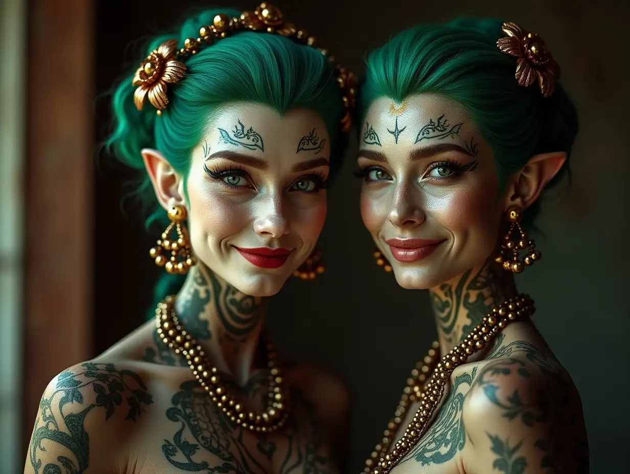 Two young black and white pattern Older women with alien face, with green hair, with a slight smile on her face, highlighting her smile, modern retro jewelry, in a temple much gold different shades 4k