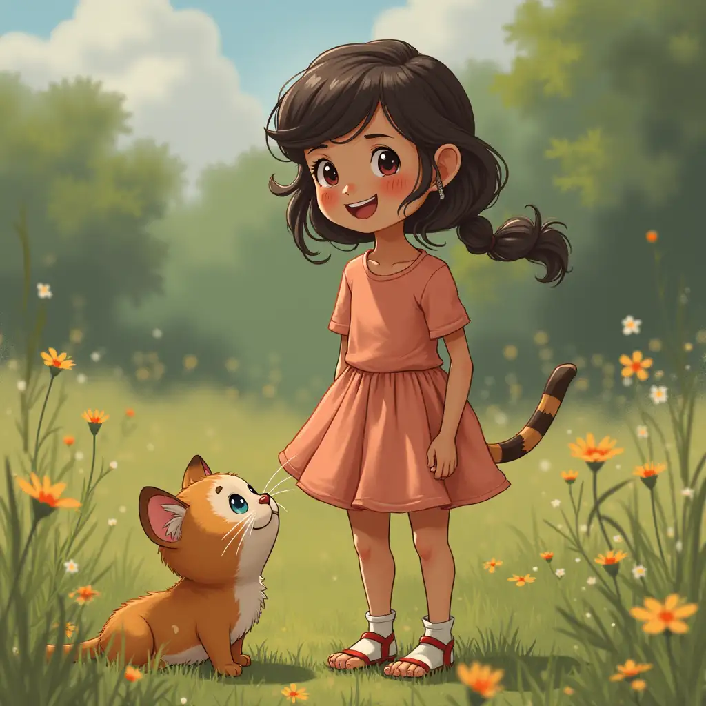 a girl, a cat, outdoors