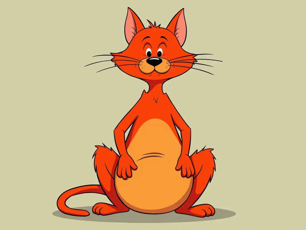 skinny red cat with a potbelly sitting, wrinkles above belly, facing forward, Chuck Jones style