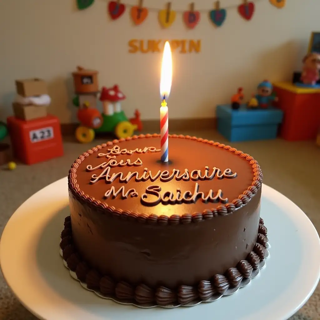 The image is of a brown colored birthday cake. A candle is lit on it. 'Joyeux Anniversaire Mr Saichu' is written on the cake in French with chocolate. The cake is placed on a round white table. The background of the cake is a children's playroom with letters 'DJIDIDE' and 'SUSKAPIN 23' on the wall and children's toys.