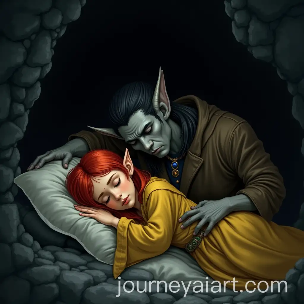 AI-Image-Prompt-ExpansionSleeping-Elf-Girl-and-Male-Tiefling-in-Dark-Cave-with-Blue-Amulet
