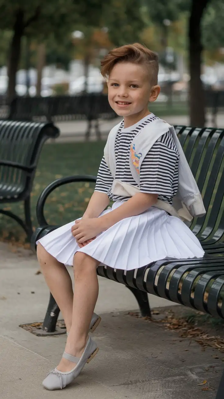 little young boy wearing white tennis skirt and striped shirt and mouse grey ballet flats and sitting on a park bench and smiling