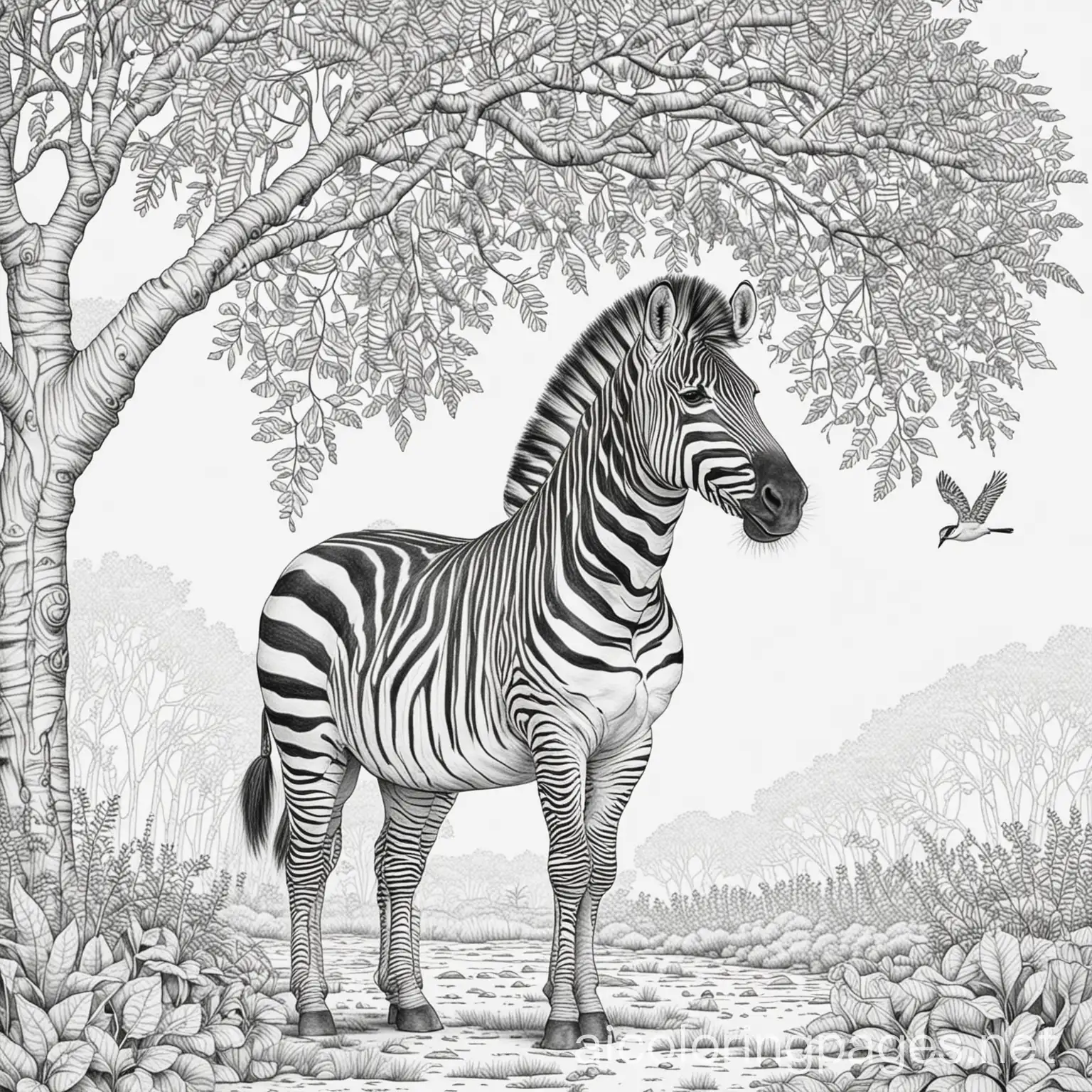 Zebra and have a tress with birds, Coloring Page, black and white, line art, white background, Simplicity, Ample White Space. The background of the coloring page is plain white to make it easy for young children to color within the lines. The outlines of all the subjects are easy to distinguish, making it simple for kids to color without too much difficulty