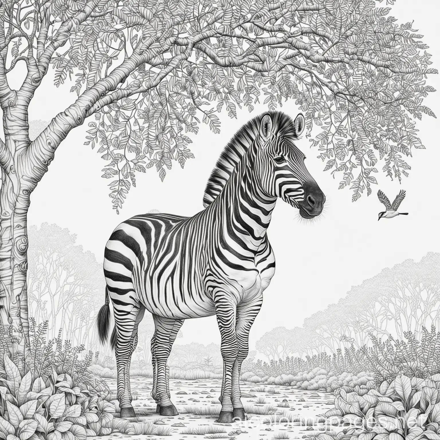 Zebra-with-Trees-and-Birds-Coloring-Page-for-Kids