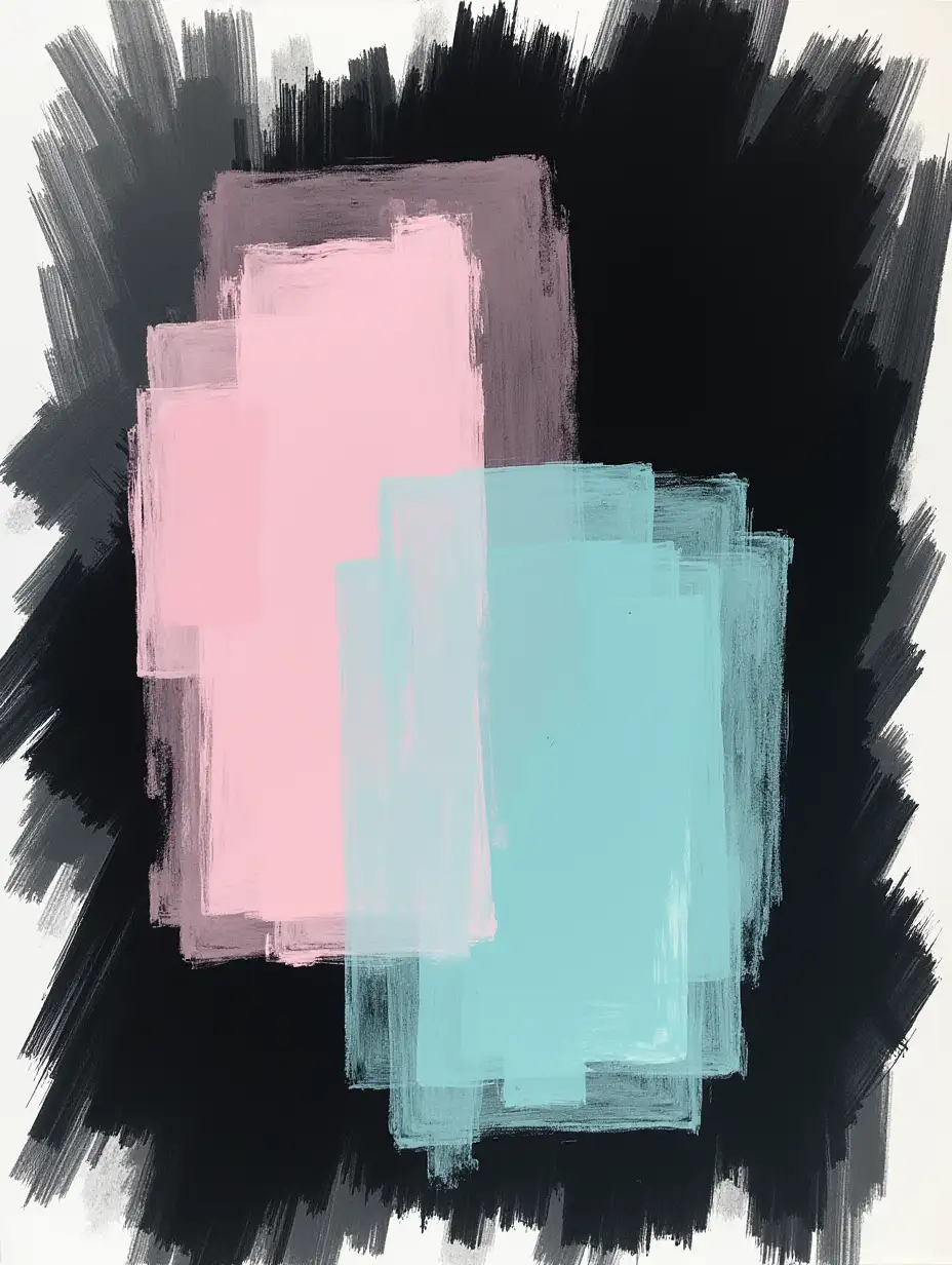 Create an abstract painting with bold, chaotic black brushstrokes as the background, layered with soft pastel pink, blue, and mint green geometric shapes. Add subtle gradients to the shapes to create a sense of depth, with the brushstrokes providing a raw, textured contrast.