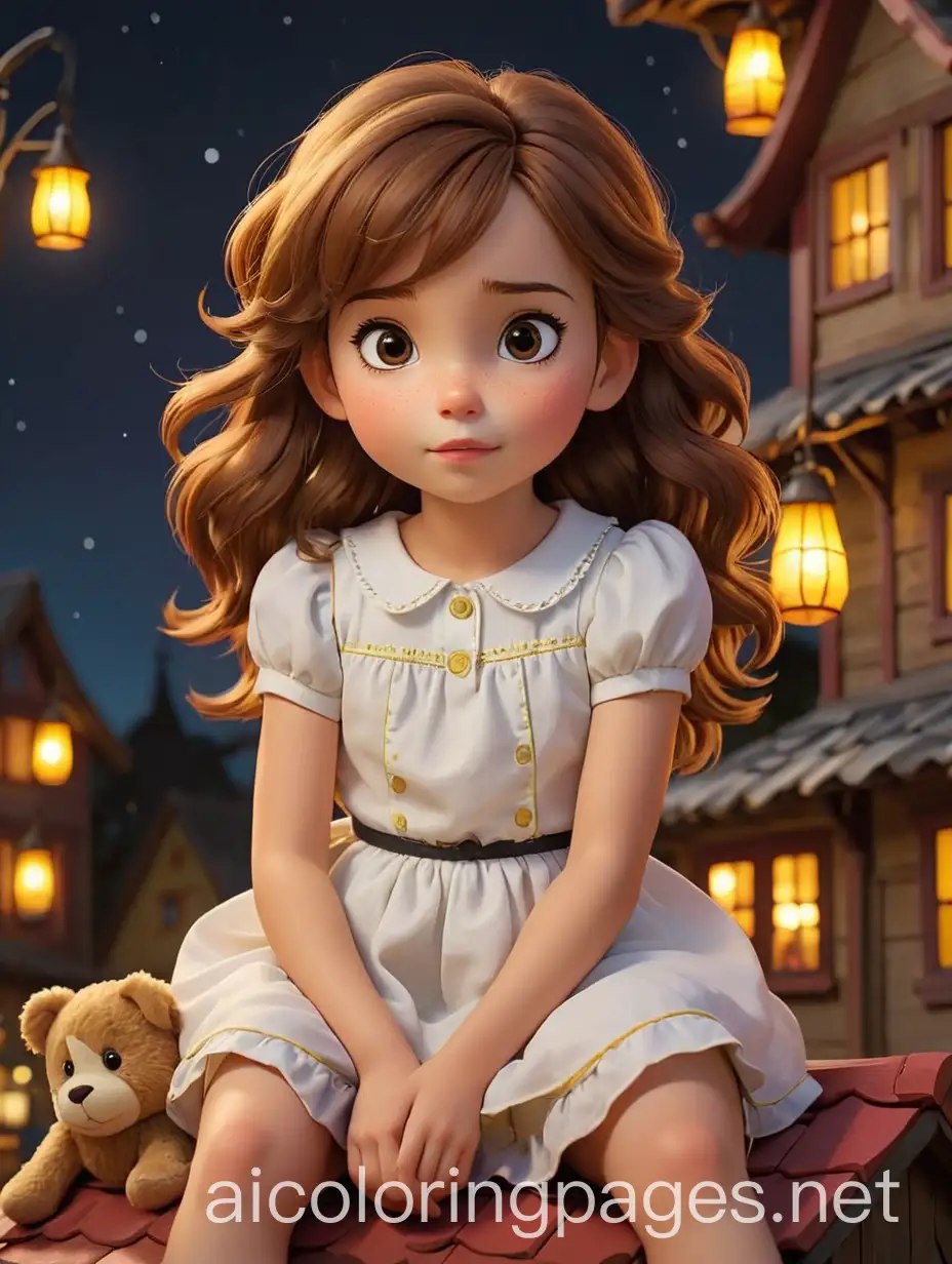 Dreamy-Fairy-Tale-Coloring-Page-Girl-with-Brown-Hair-and-Stuffed-Animal-on-Red-Roof