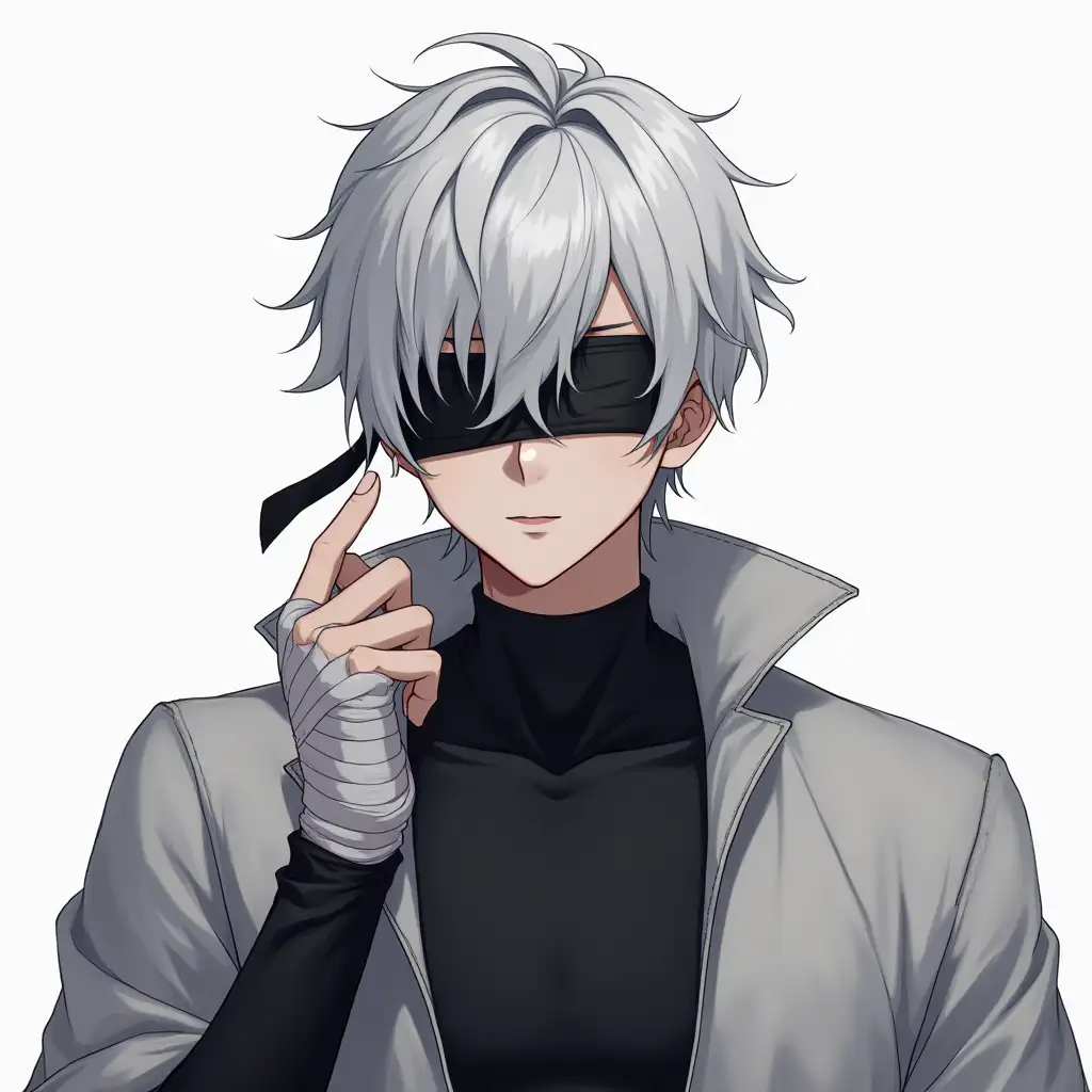 An anime guy with white hairs and black blind fold with black tight clothes and bandages on right half hand with white skin tone not too realistic and fuull sleeves