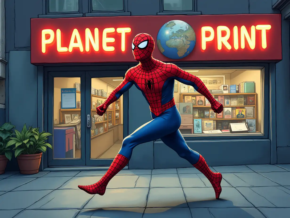 Spiderman running to a print shop called Planet Print