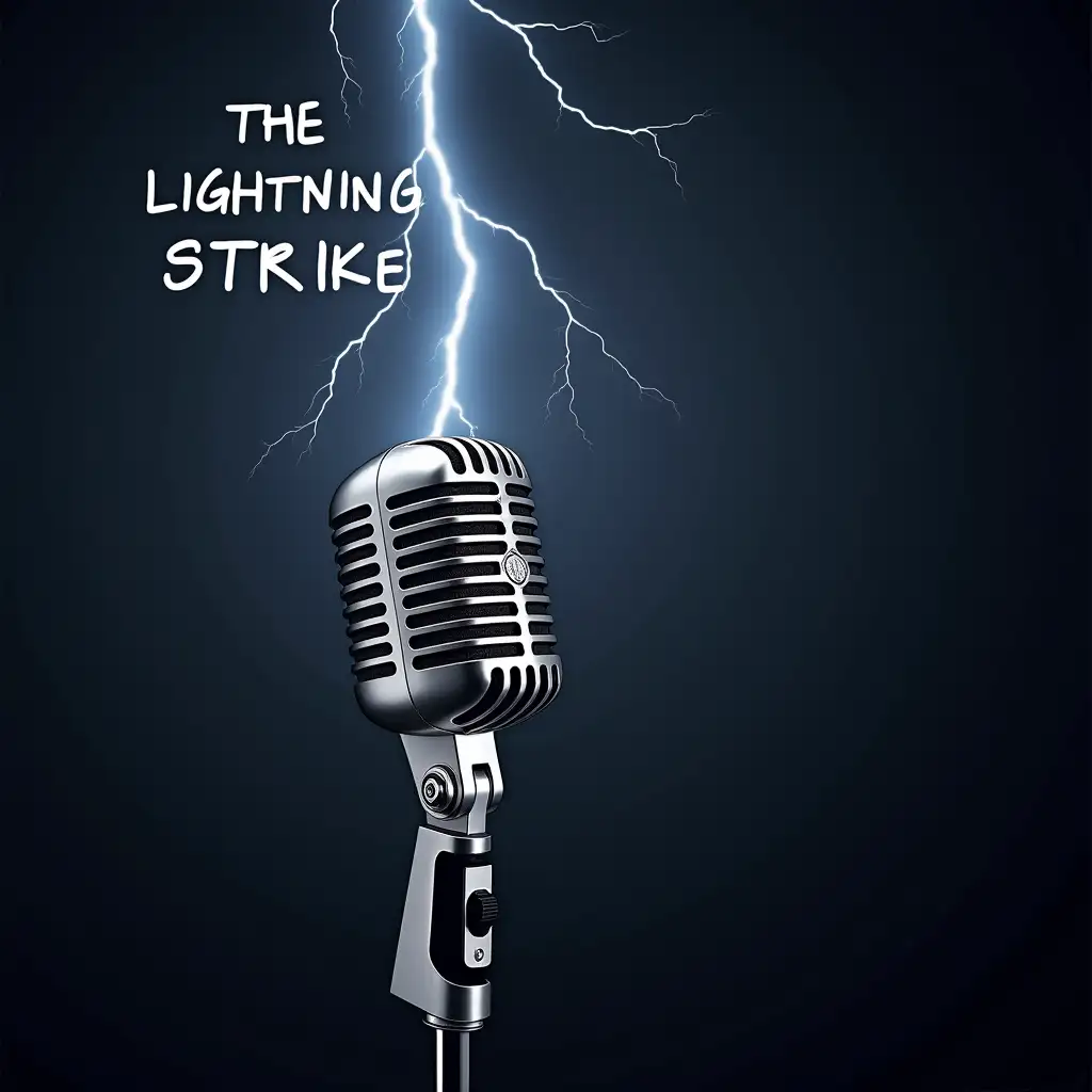 microphone, lightning strike, in bold words write THE LIGHTNING STRIKE