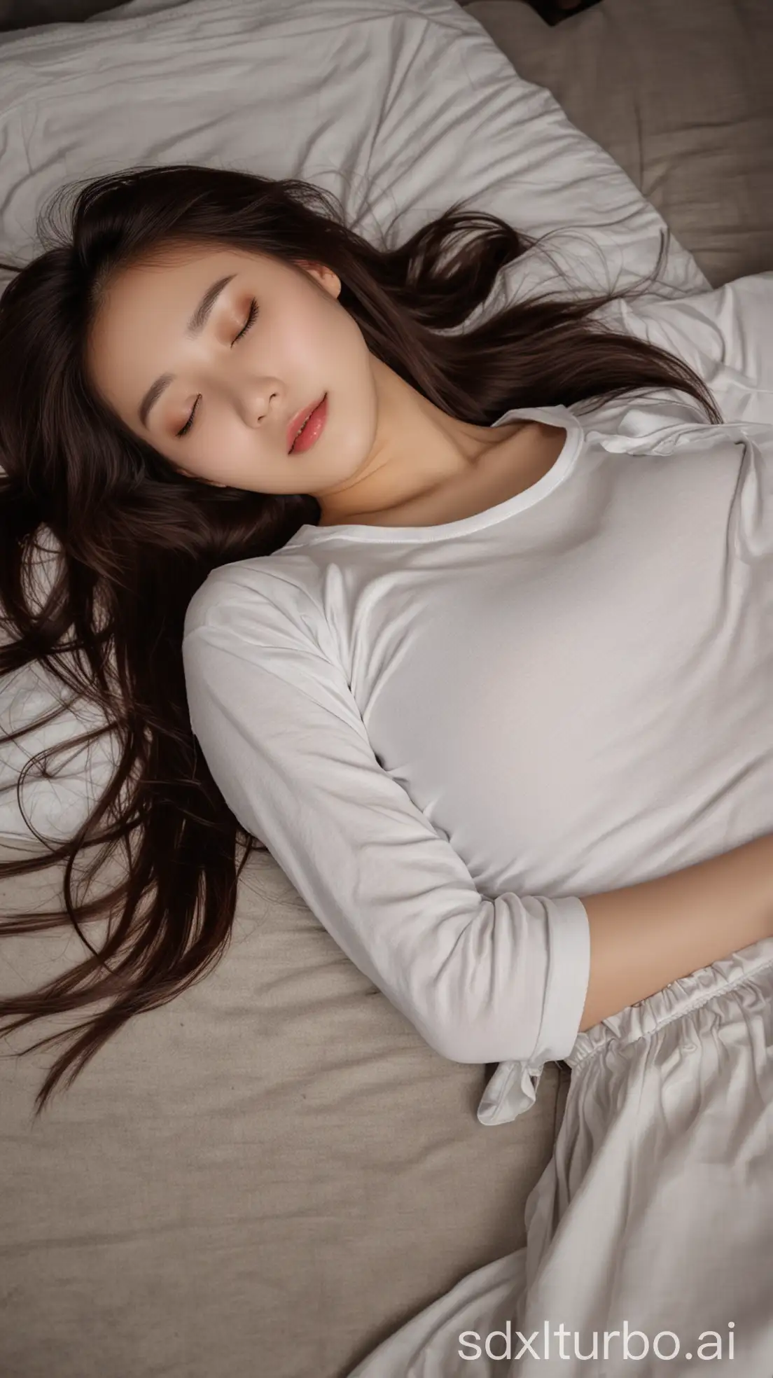 Chinese-Beauty-with-Brown-Long-Hair-Sleeping-in-Winter-Night-Attire