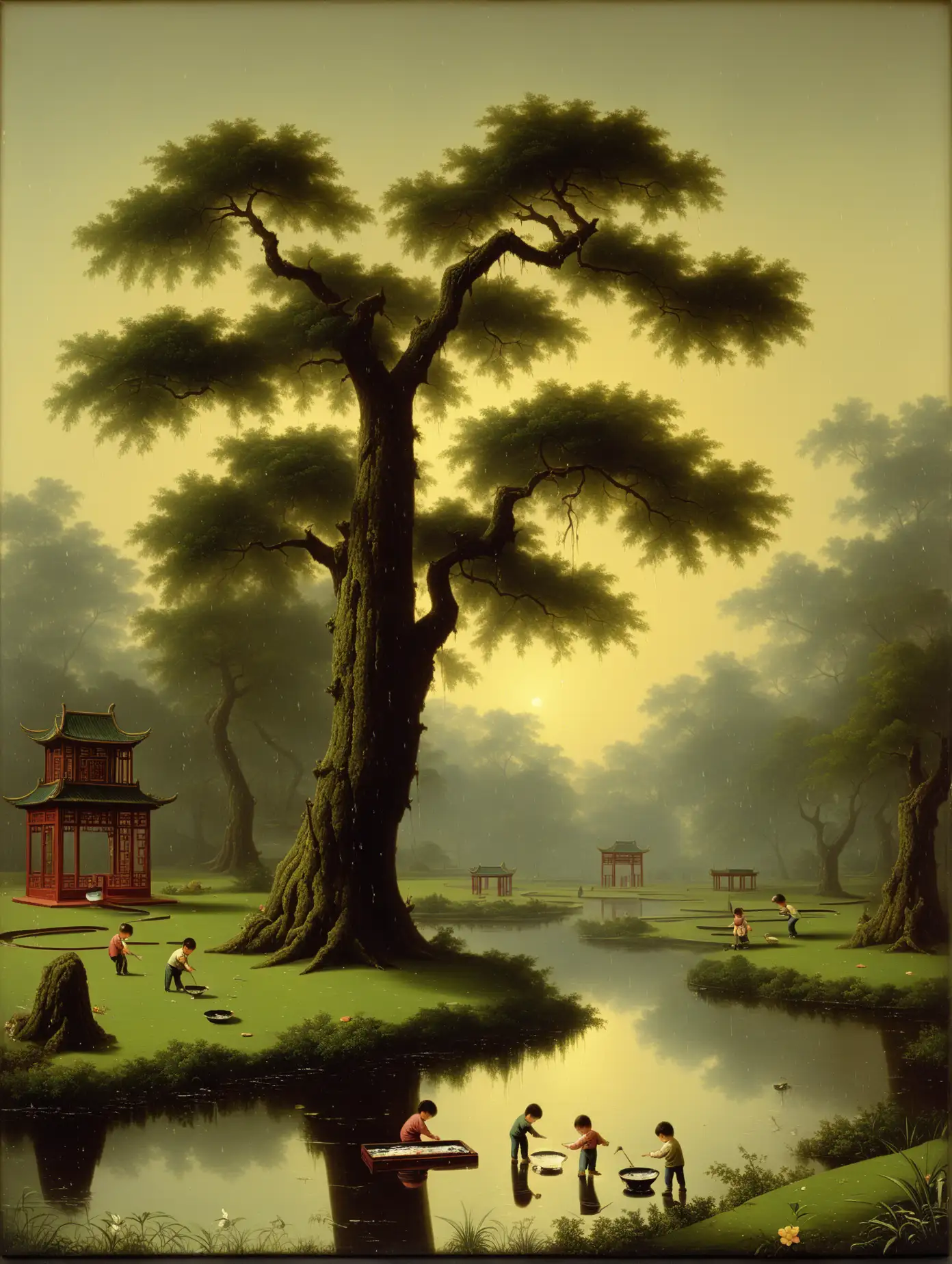 Children-Playing-in-a-Chinese-Park-Resin-Wet-Pour-Shiny-Oil-Paint-Scene