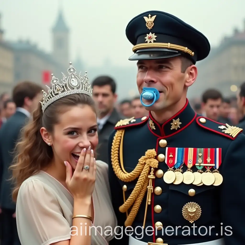 Joyful-Celebration-with-Young-Woman-Soldier-in-Military-Uniform-and-Playful-Pacifier